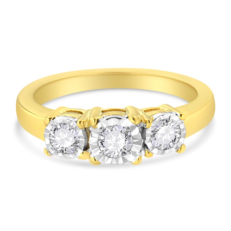 14K Yellow Gold Over Sterling Silver 1/2ctw Diamond Three Stone Ring
(J-K Color, I1-I2 Clarity)