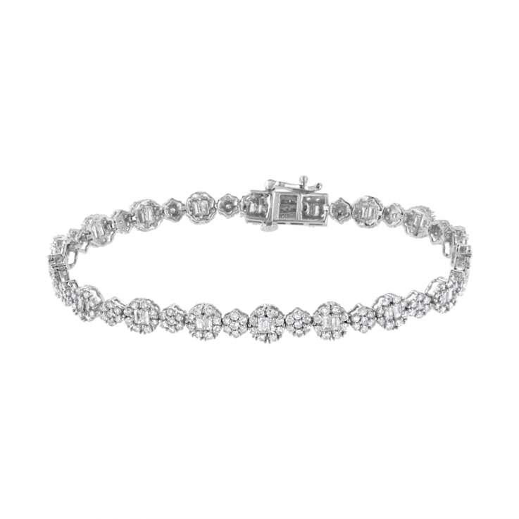 10K White Gold 4.0ctw Brilliant Round-cut and Baguette Diamond Floral
Cluster Link Bracelet