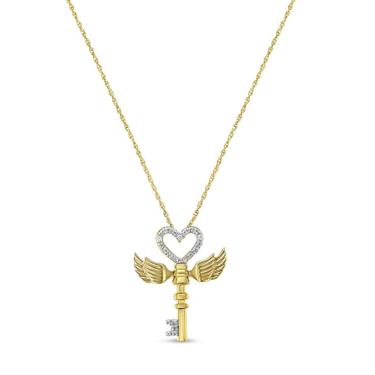 10K Yellow Gold Over Sterling Silver Diamond Accent Heart Angel Wing Key
to Heaven Pendant w\chain