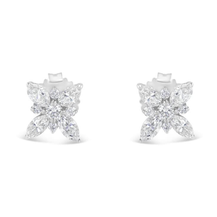14K White Gold Marquise Diamond Flower Stud Earring 1.00ctw