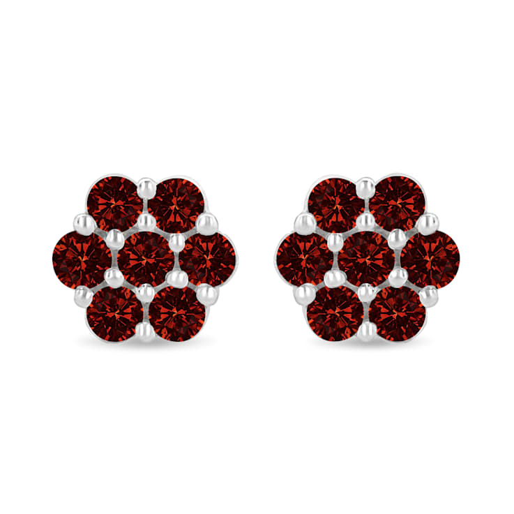 14K White Gold 1.0ctw Treated Red Diamond Prong Set 7 Stone Floral Stud Earrings