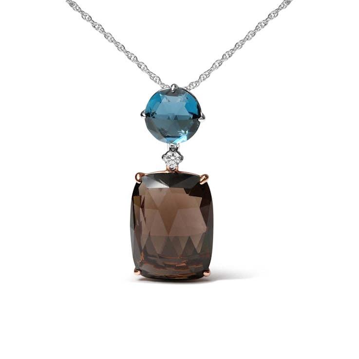 18K Two-tone Gold Cushion Cut Smoky Quartz and Round Blue Topaz Gemstone
with Diamond Accent Pendant