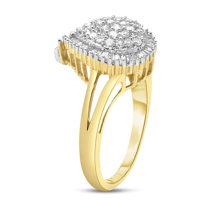 10K Yellow Gold 1/2ctw Round and Baguette Diamond Pear Ring (I-J Color,
I1-I2 Clarity) - Size 7