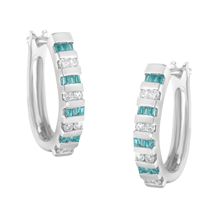 10k White Gold Round and Blue Baguette Diamond Hoop Earrings 0.50ctw