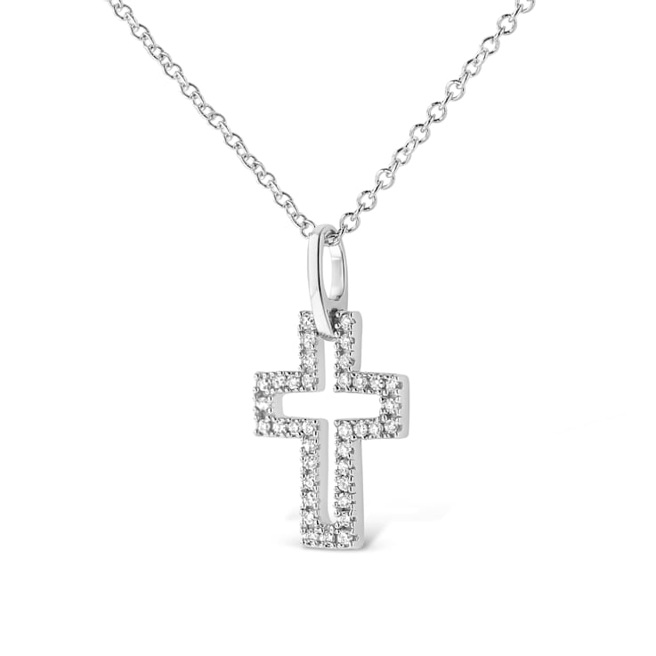 .925 Sterling Silver 1/10 cttw Pave-Set Round-Cut Diamond Open Cross
18" Pendant Necklace