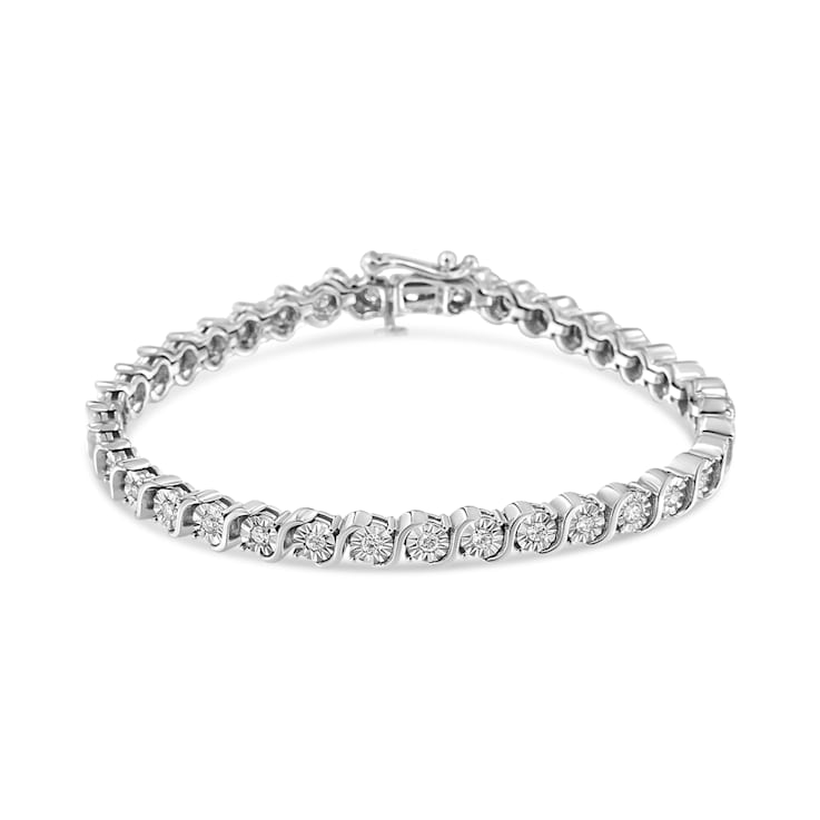 14K White Gold 1.0ctw Lab Grown Diamond Round Miracle Plate and
"S" Link Tennis Bracelet