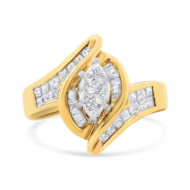 14K Yellow Gold Mixed Cut Diamond Marquise Shaped Ring (1 1/4ctw, G-H
Color, SI1-SI2 Clarity)
