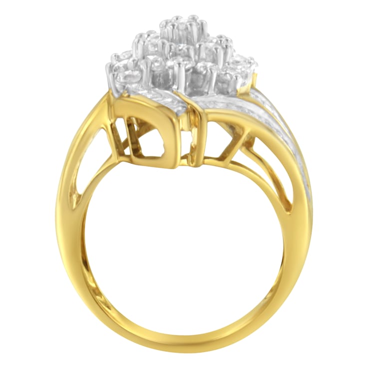 10K Yellow Gold Round and Baguette Diamond Swirl Ring (2.0