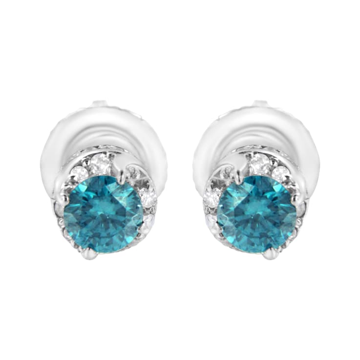 14K White Gold 1/2ctw White and Treated Blue Round Diamond Earrings