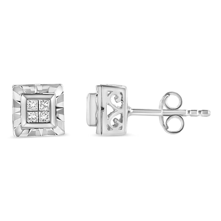 Sterling Silver 1/6ctw Invisible Set Princess-Cut Diamond Quad Stud Earrings