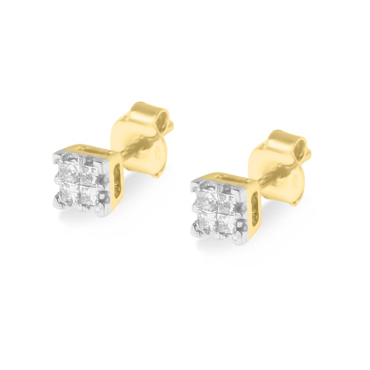 10k Yellow Gold Princess Diamond Quad Stud Earrings 1/4ctw
