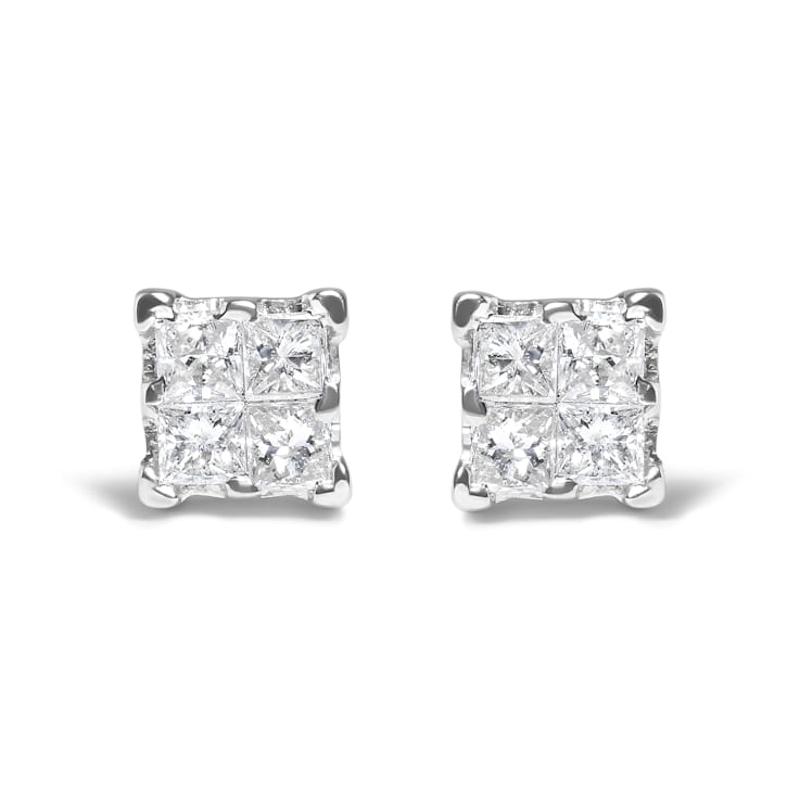 .925 Sterling Silver 1/4 Cttw Invisible Set Princess Diamond Composite
Quad Stud Earrings