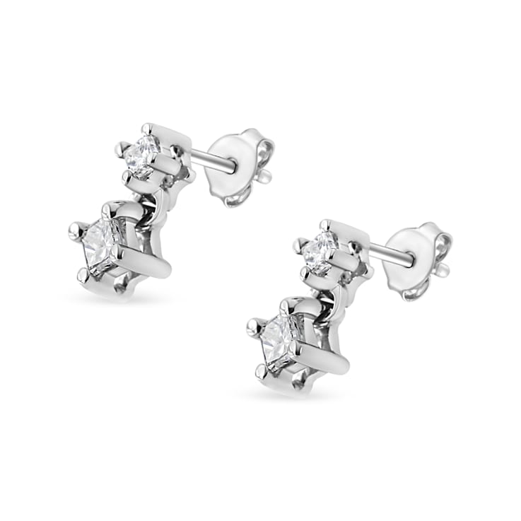 14K White Gold 1/4ctw Princess-Cut Double Diamond Drop and Dangle Stud Earrings