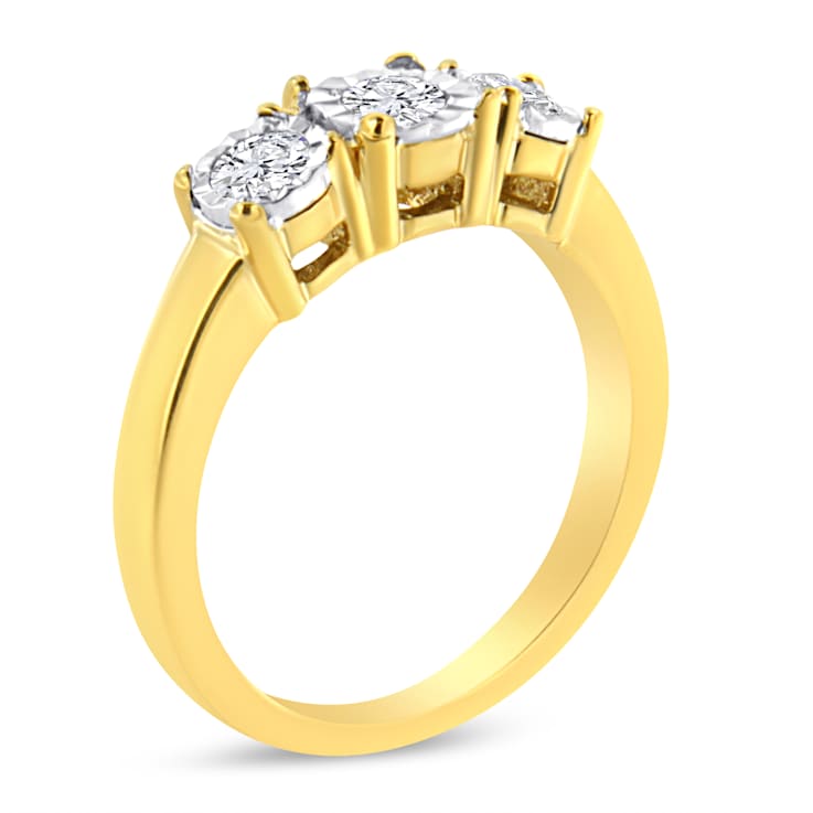 14K Yellow Gold Over Sterling Silver 1/2ctw Diamond Three Stone Ring
(J-K Color, I1-I2 Clarity)