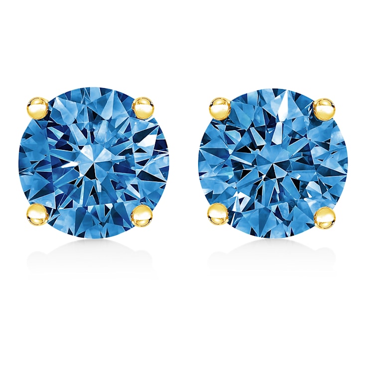 1.00ctw Round Blue Lab Grown Diamond Solitaire 14K Yellow Gold Stud Earrings