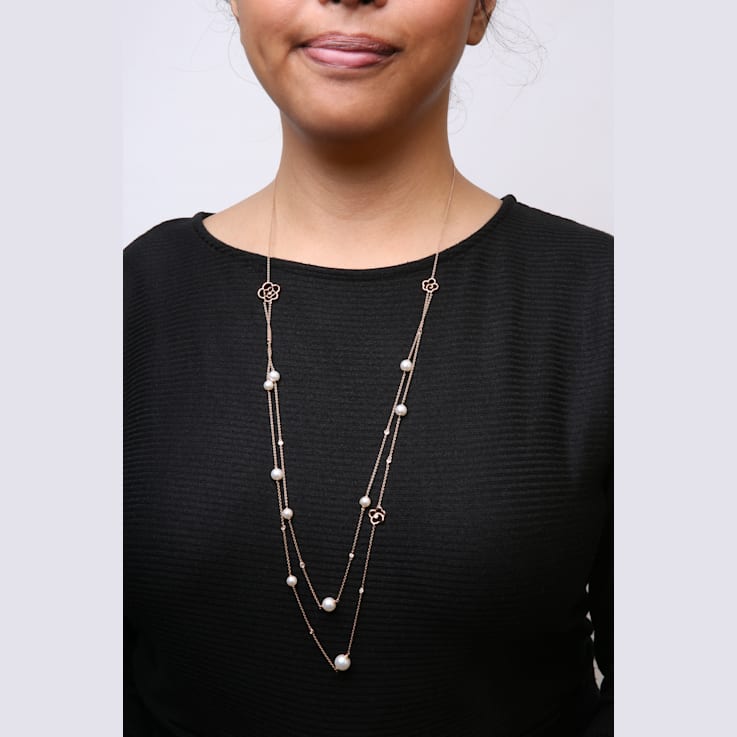 18K Rose Gold 1/2 Cttw Diamond and Freshwater Pearl Double Strand
Station Necklace