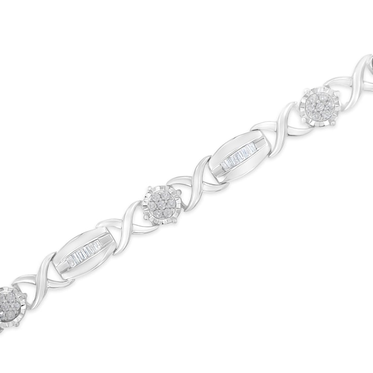 Sterling Silver 1.0ctw Round-Cut and Baguette-Cut Diamond X-Link Bracelet