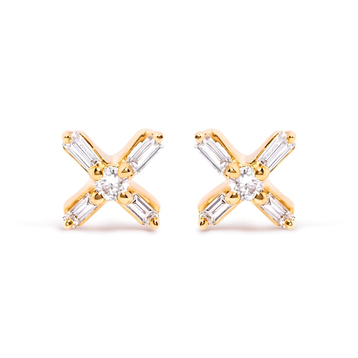 10K Yellow Gold 1/10 Cttw Round and Baguette Diamond Criss Cross X Stud Earring
