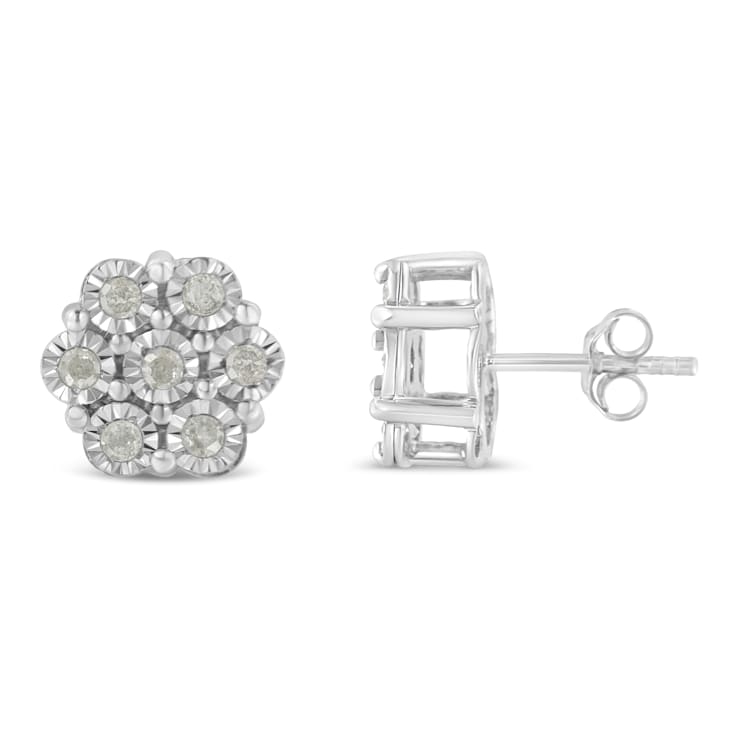 Sterling Silver 1/2ctw Round-Cut Diamond Miracle-Set Floral Cluster
Button Stud Earrings