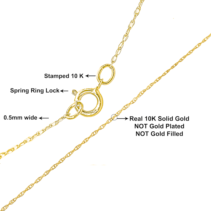 Solid 10K Gold 0.5mm Rope Chain Unisex Necklace - Size 18"