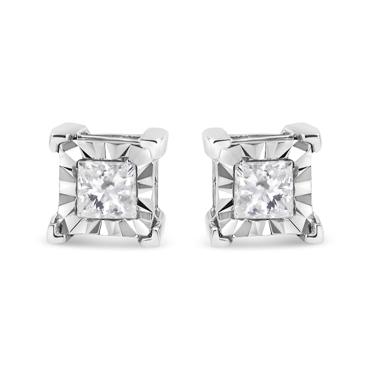 Sterling Silver 1.0ctw Miracle Set Princess-Cut Diamond Solitaire Stud Earrings