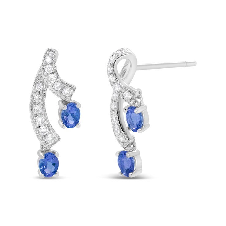 14K White Gold 4x3MM Oval Shaped Natural Blue Tanzanite Gemstone and
1/5ctw Diamond Stud Earrings