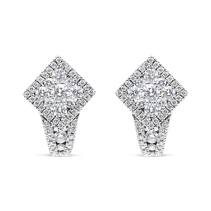 18K White Gold 1 1/10ctw Round Diamond Cluster with Halo Hoop Huggie Earrings