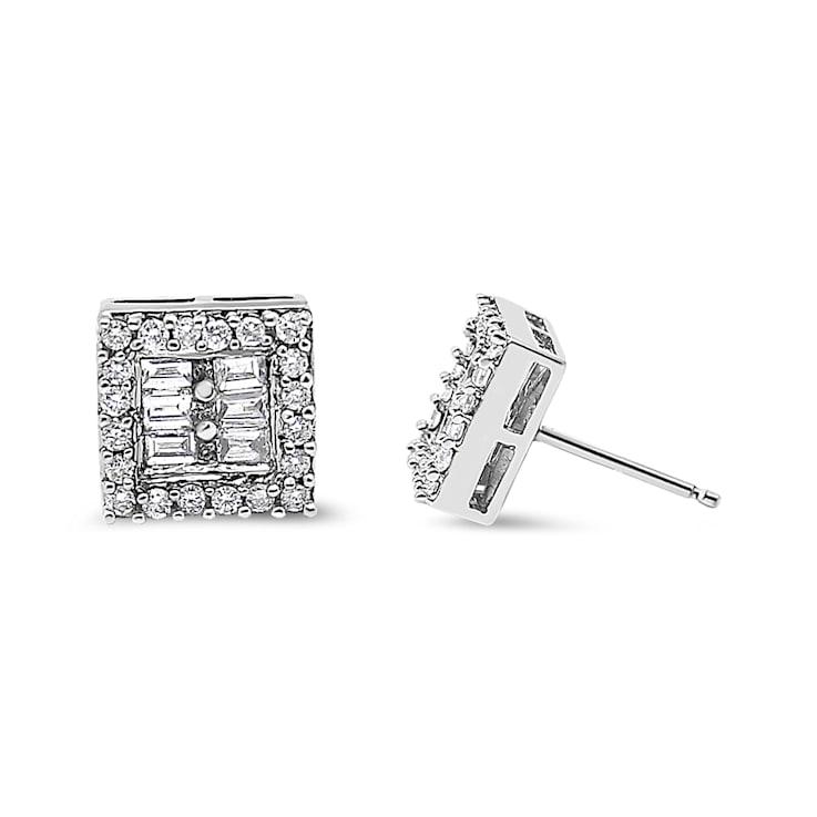 14K White Gold 1.0ctw Round and Baguette Diamond Stud Earrings