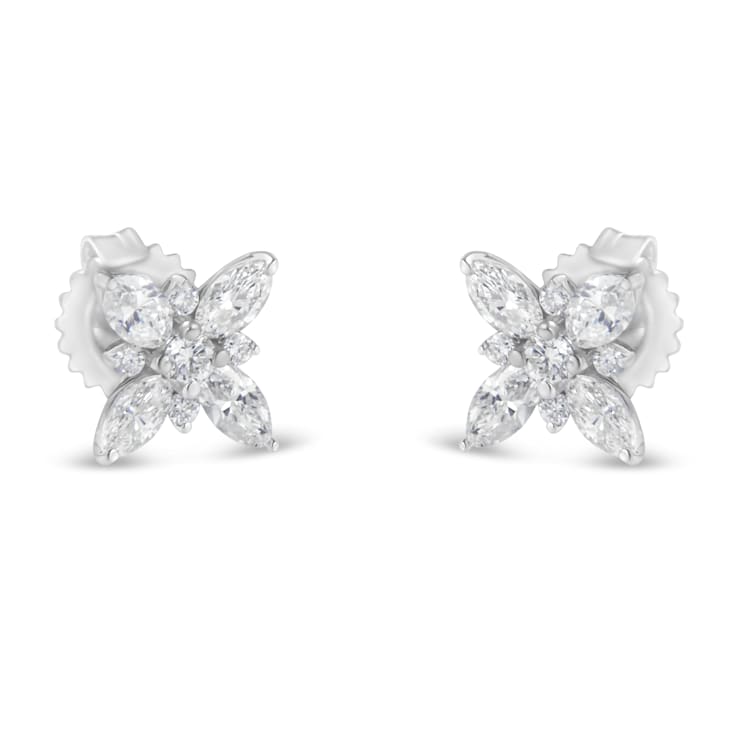 14K White Gold Marquise Diamond Flower Stud Earring 1.00ctw