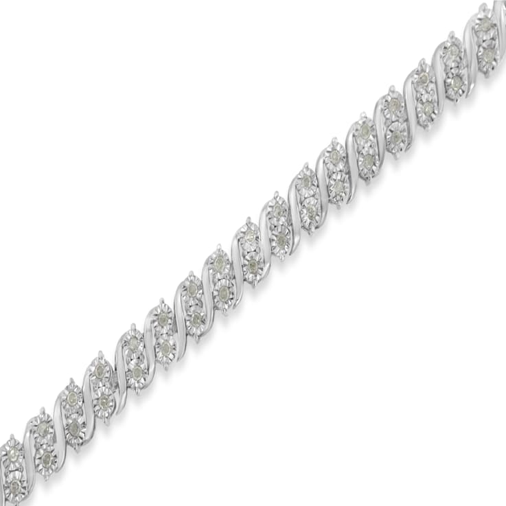Sterling Silver 1.0ctw Rose Cut Diamond Two Stone S Link Tennis Bracelet