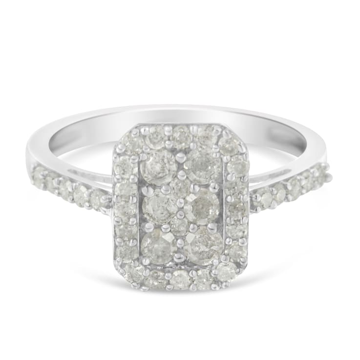 Sterling Silver 1.0ctw Diamond Emerald-Shaped Cluster with Halo Ring
(I-J Color, I3 Clarity)