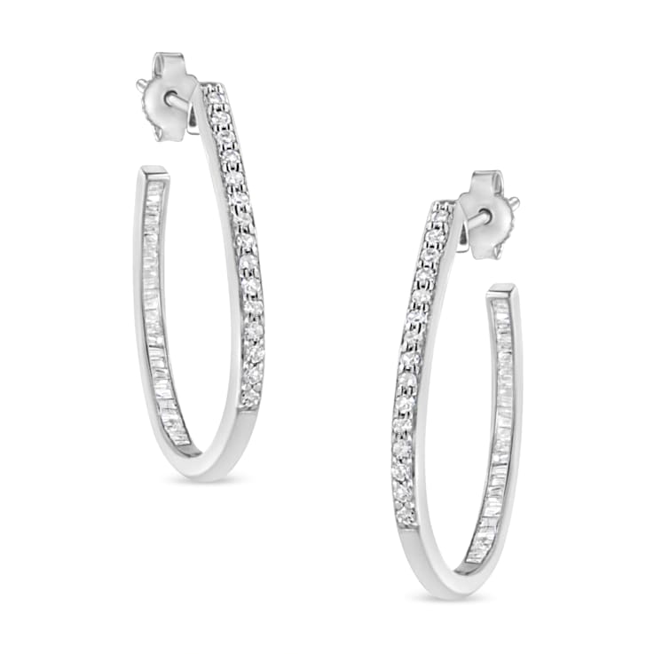Sterling Silver 1/2ctw Round and Baguette-Cut Diamond Inside-Outside
Hoop Earrings