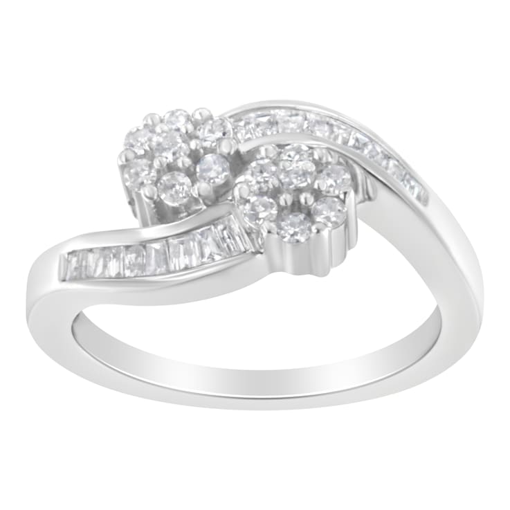 14K White Gold Round and Baguette Diamond Bypass Ring (1/2 cttw, H-I
Color, I1-I2 Clarity)