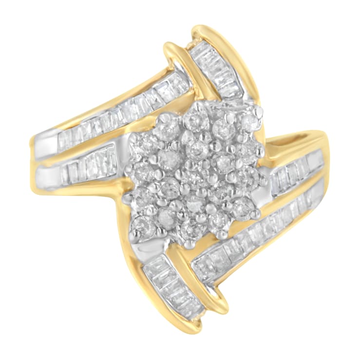 1.00ctw Round And Baguette Diamond 10K Yellow Gold Cluster Ring