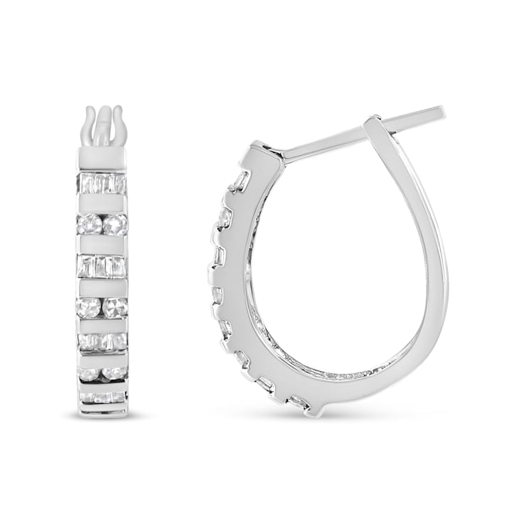 10K White Gold 1.0ctw Round and Baguette-Cut Diamond Hoop Earrings