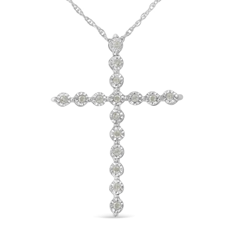 1/10ctw Diamond Shared Prong Cross Sterling Silver Pendant Necklace with
18" Chain