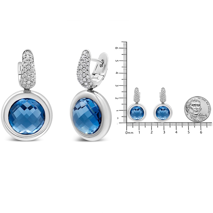 18K White Gold Bezel Set 11mm Blue Topaz and 1/2ctw Invisible Set
Diamond Bale Dangle Earrings