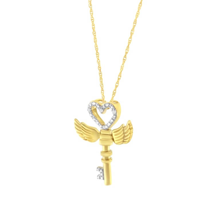 10K Yellow Gold Over Sterling Silver Diamond Accent Heart Angel Wing Key
to Heaven Pendant w\chain