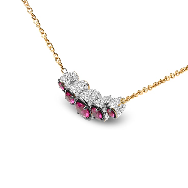 18K Rose Gold Multi-Size Round Ruby and Pave Round Diamonds Curved Bar Necklace
