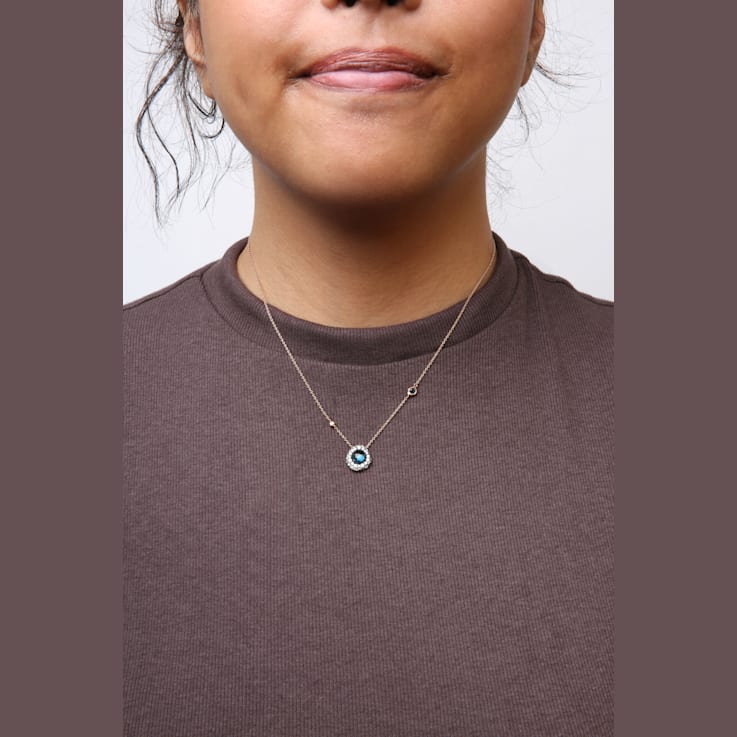 18K Rose Gold Round Blue Topaz and Round Sapphire with Diamond Accent Necklace