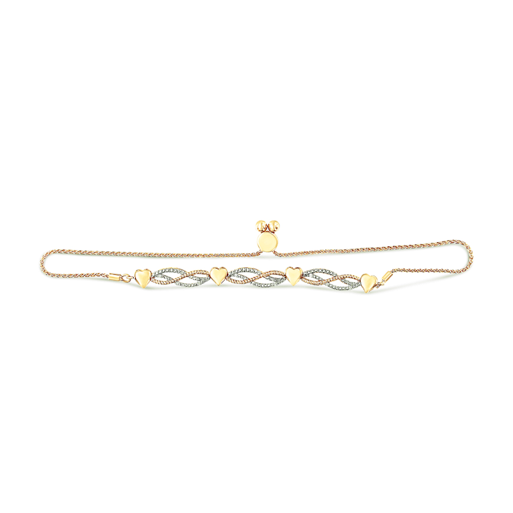 14K Yellow Gold Over Sterling Silver 1/10ctw Diamond Wave and Hearts
Bolo Bracelet 4"-10" Adjustable
