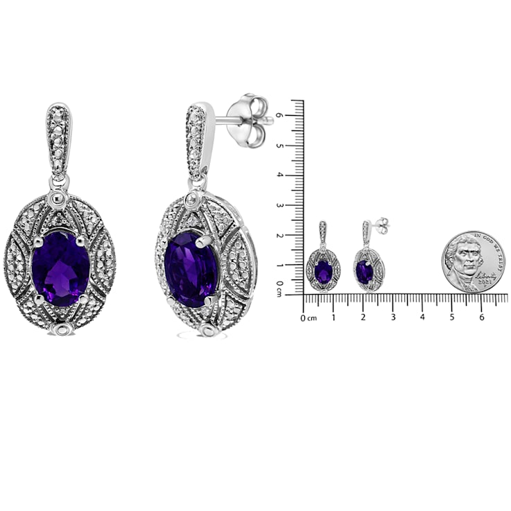 Sterling Silver Diamond Accent and 8x6mm Purple Oval Amethyst Stud Earrings