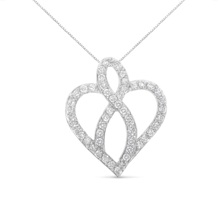 14K White Gold 1ctw Diamond Heart Ribbon Pendant Necklace (H-I, I1-I2)