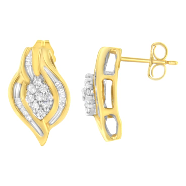10K Yellow Gold 1/3ctw Round-Cut Diamond Cluster and Swirl Stud Earrings