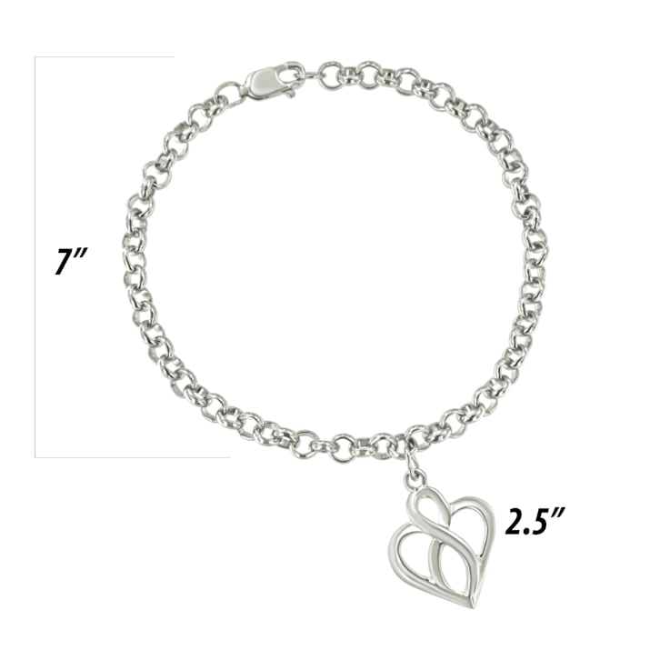 Sterling Silver Open Heart with Center Vertical Infinity Chain Charm Bracelet