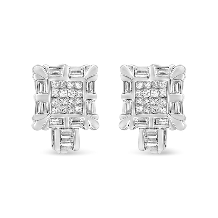 14K White Gold 1.0ctw Princess and Baguette-Cut Diamond Square Framed
Huggie Hoop Omega Earrings