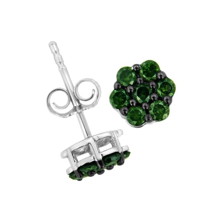 Sterling Silver 2.0ctw Prong Set Round-Cut Treated Green Diamond Floral
Cluster Stud Earring