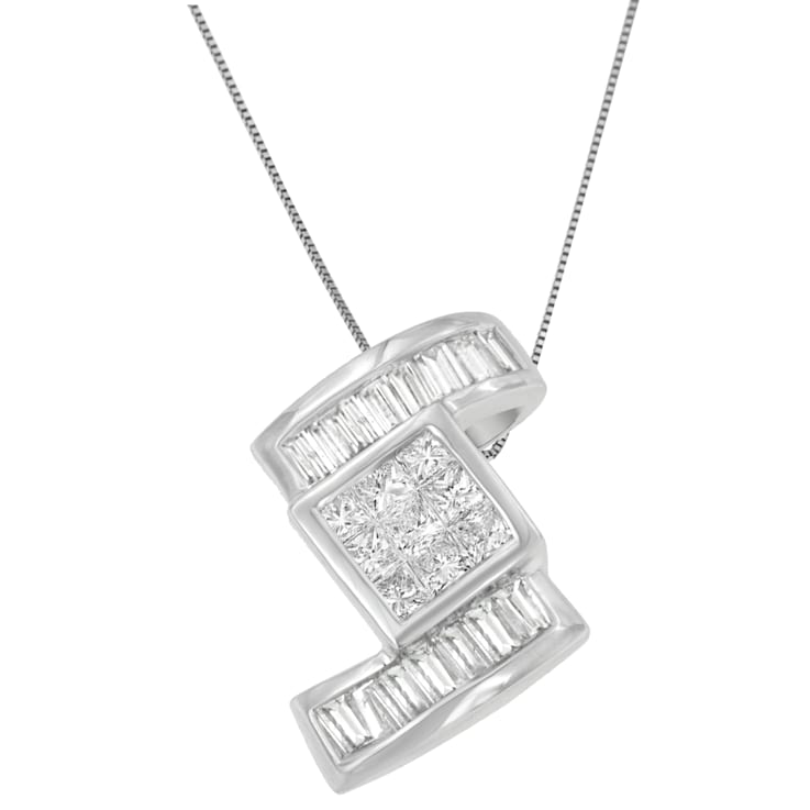 14K White Gold 1 2/5ctw Princess and Baguette Cut Diamond Zig Zag
Pendant w\chain(H-I, SI1-SI2)