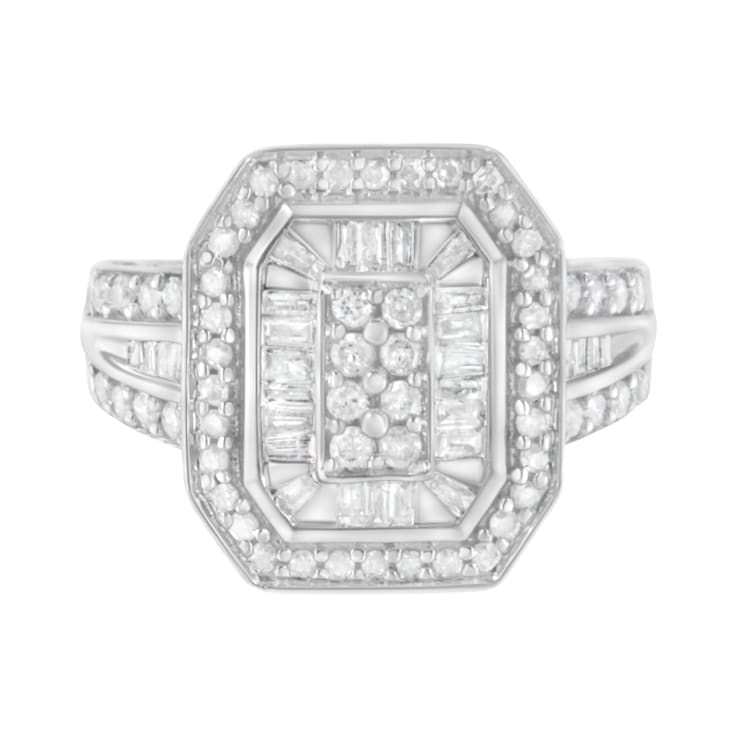 Sterling Silver Round and Baguette Diamond Cathedral Ring (0.75 Cttw,
H-I Color, I2-I3 Clarity)
