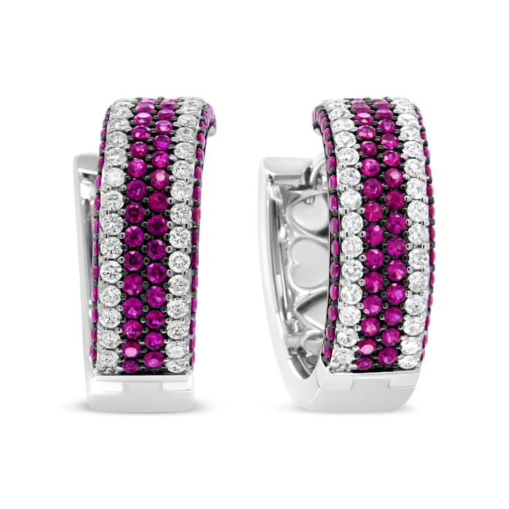 18K White Gold 1 7/8 Cttw Diamond and 1mm Round Red Ruby Open Swish Hoop Earrings